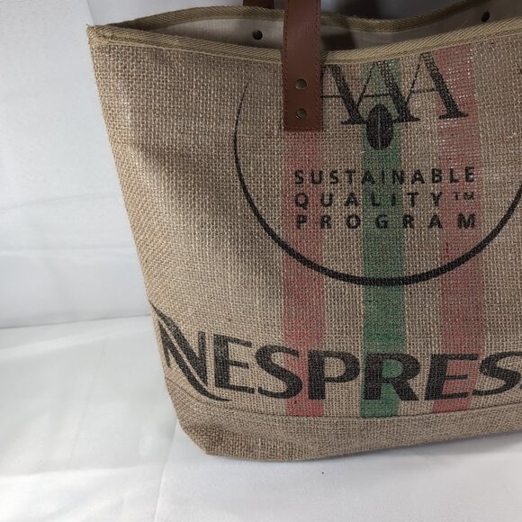 Nespresso Tote Bag Jute Burlap Beige Brown Faux Leather Shoulder 19x14" Coffee - Picture 4 of 14